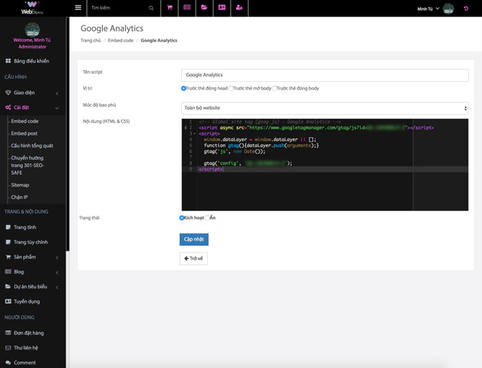 Ch&egrave;n code Google Analytics trong ph&acirc;n hệ Embed code của WebExpress