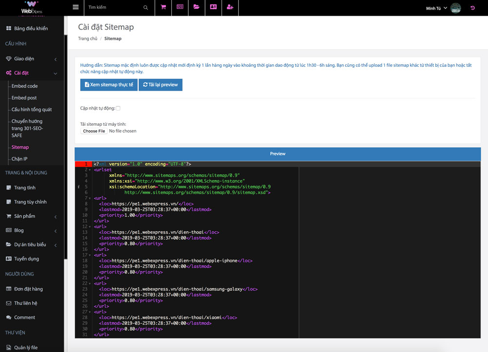 Hướng dẫn c&agrave;i đặt sitemap cho website nền tảng WebExpress