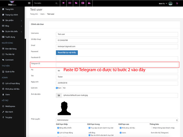 Hướng dẫn kết nối WebExpress v&agrave; Telegram